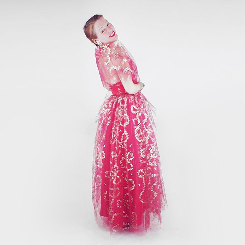 50s Emma Domb Red Gold & Silver Formal Long Gown and Shawl S Etsy