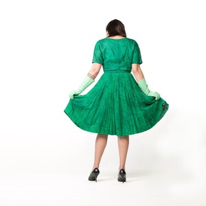 50s Green Print Layered Silk Chiffon Full Skirt Dress by Dauphine As-Is L VFG image 2