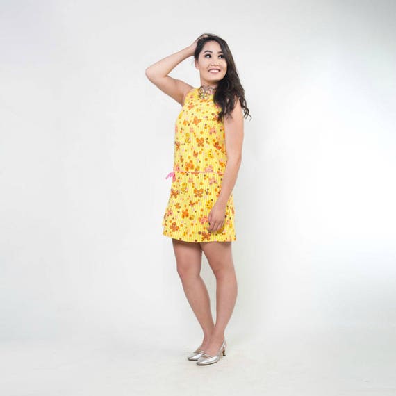60s Yellow & Hot Pink Butterfly Print Culotte Shif
