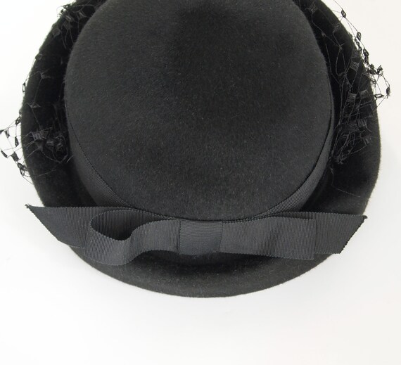 60s Black Breton Hat with Veil + Back Bow - Gleno… - image 5