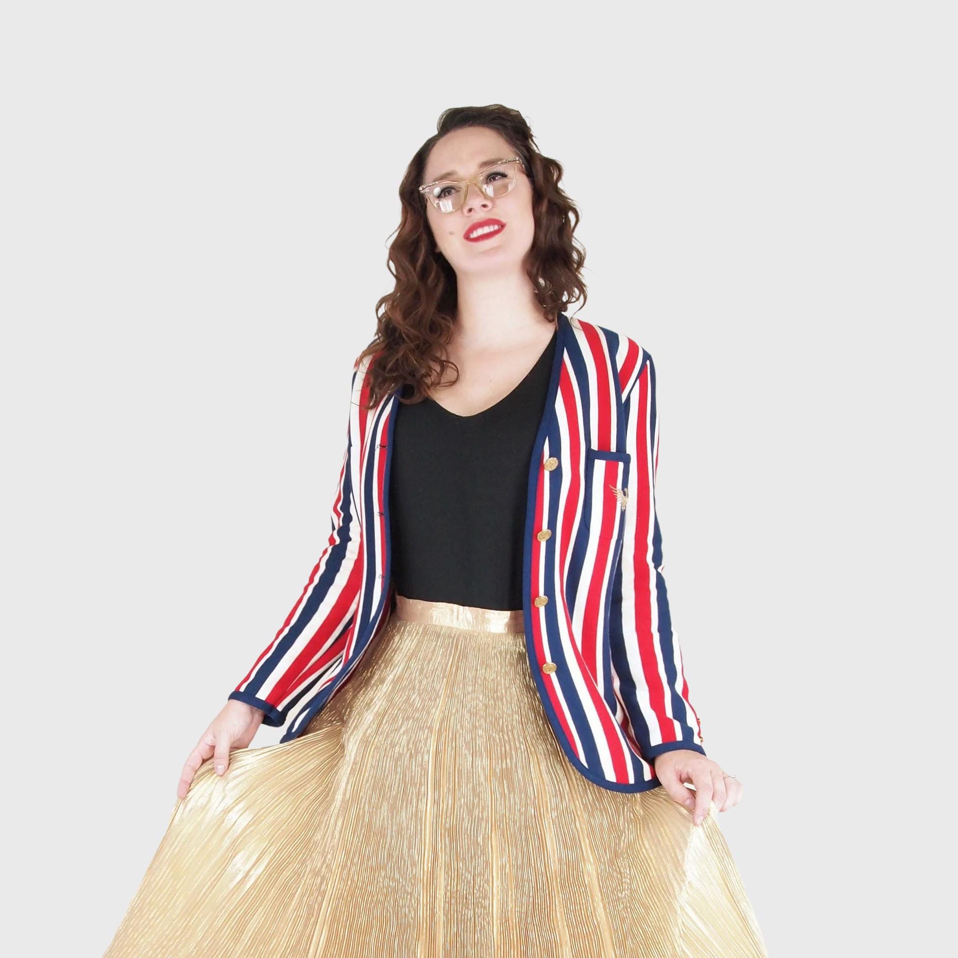 1960s Red White Navy Striped Cotton Knit Blazer Jacket - Preppy Mod - Eagle Buttons - Aileen - VFG Member