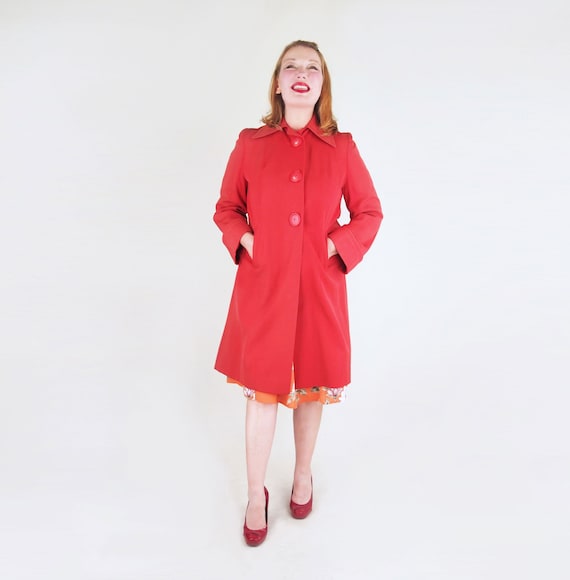 40s WWII-Era Red Gabardine Coat with Big Buttons M
