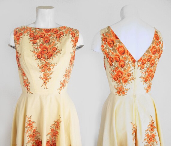 50s Yellow Cotton Circle Skirt Dress Orange Flowe… - image 3