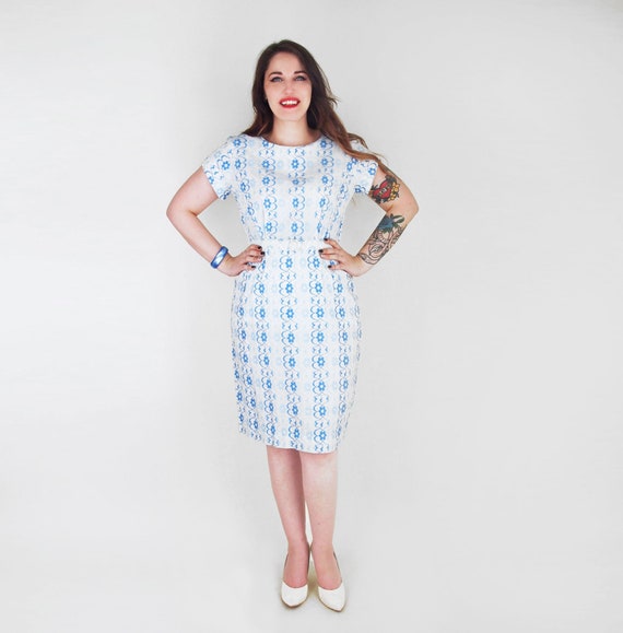 60s Cotton Sheath Dress with Blue Flower Embroide… - image 1