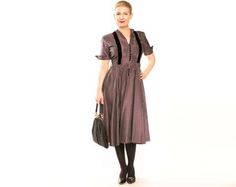 50s Iridescent Taffeta Full Skirt Dress with Black Velvet Details  M