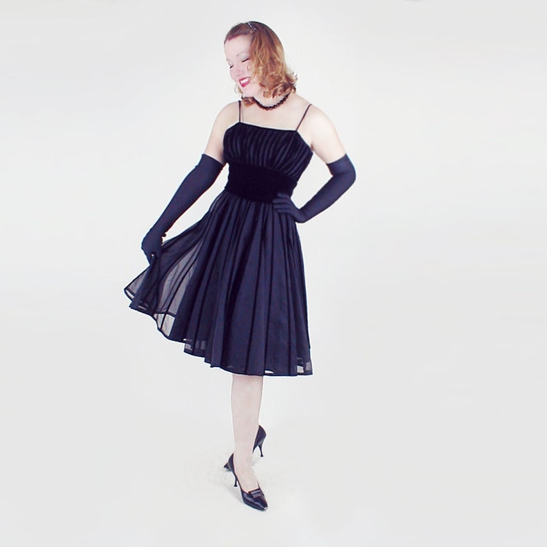 60s Black Velvet Stripe Circle Skirt Party Dress XS VFG image 1