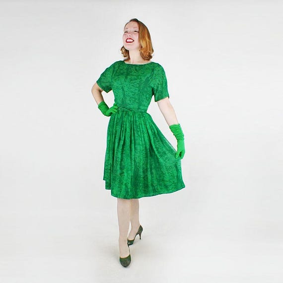 1950s Green Artful Print Layered Silk Chiffon Full Skirt Dress by Dauphine L - VFG Member 1950s Green Artful Print Layered Silk Chiffon Full Skirt Dress by Dauphine L - VFG Member