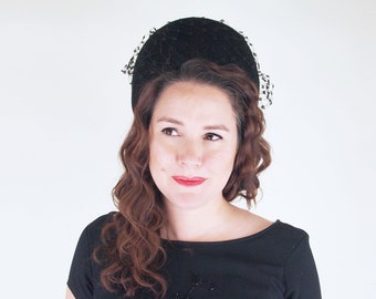 60s Black Breton Hat with Veil + Back Bow - Glenover Fawntra Felt • VFG