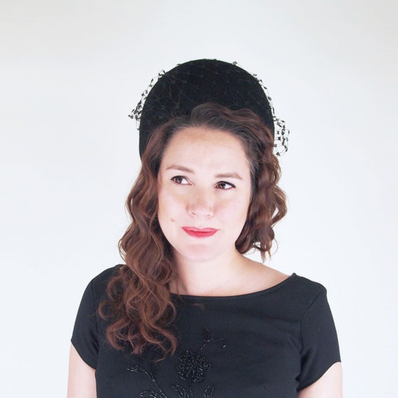 60s Black Breton Hat with Veil + Back Bow - Gleno… - image 1