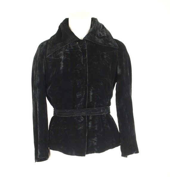 30s Black Silk Crushed Velvet Belted Jacket - Lou… - image 2