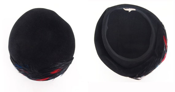50s Black Wool Felt Stylized Beret with Red, Blue… - image 4