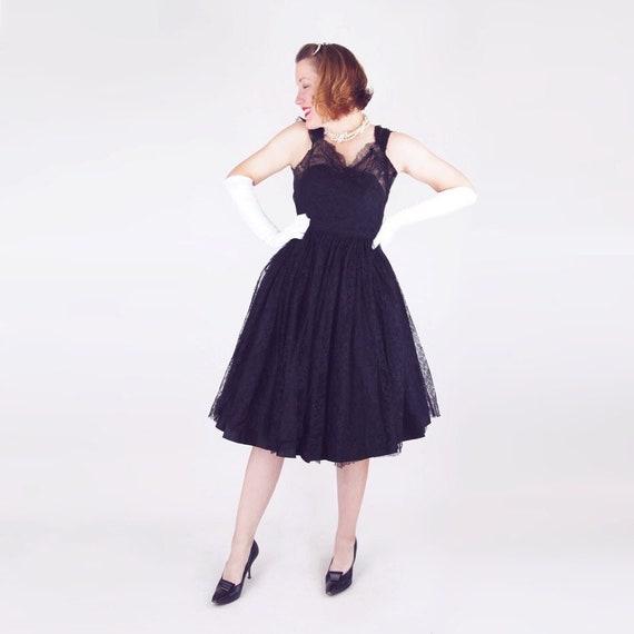 50s Black Chantilly Lace & Taffeta Circle Skirt P… - image 1