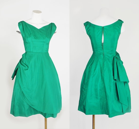 50s Green Taffeta Party Dress with Draping by Emm… - image 2