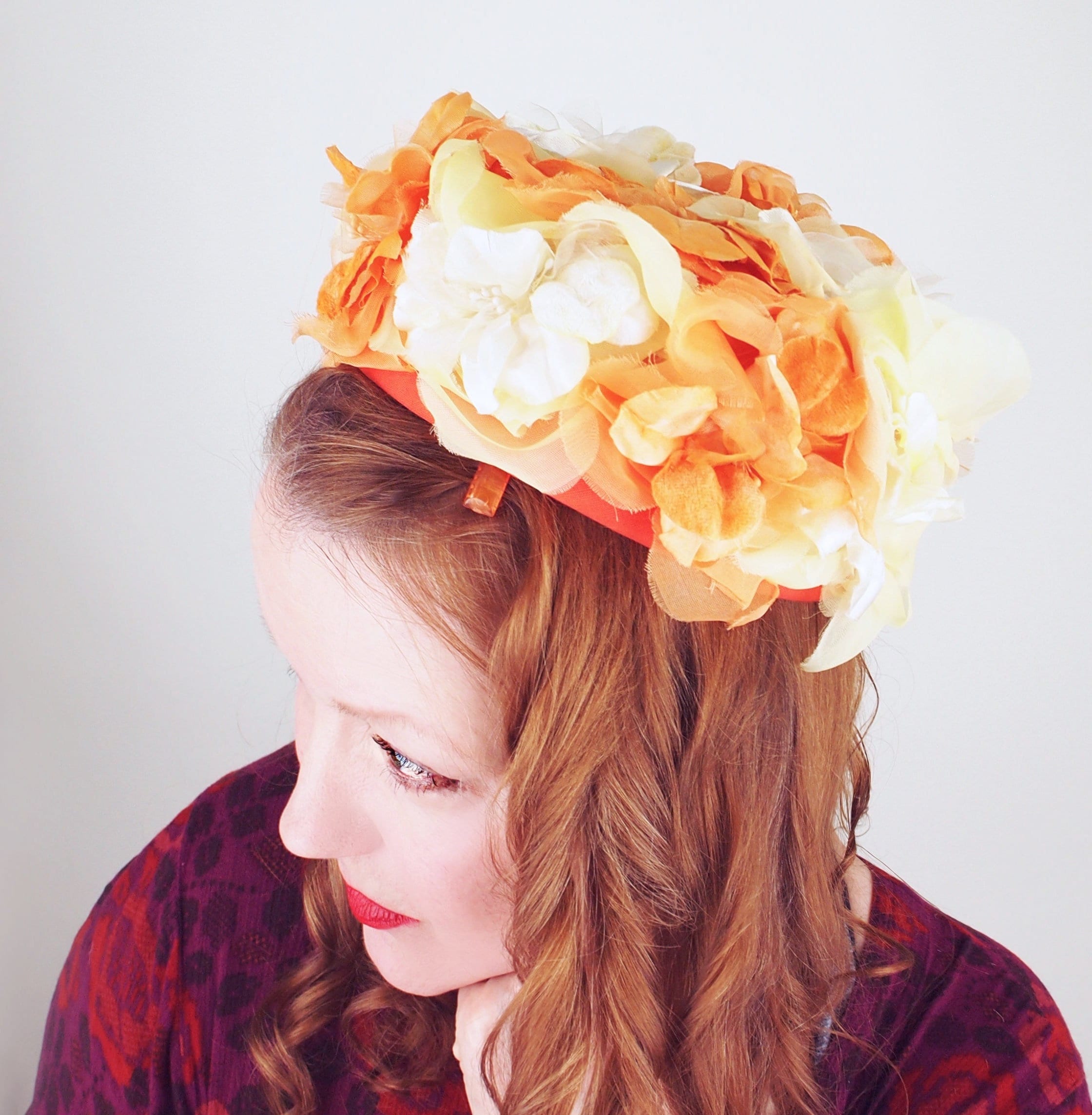 1960s Orange & Yellow Flowers Pillbox Hat - VFG Member