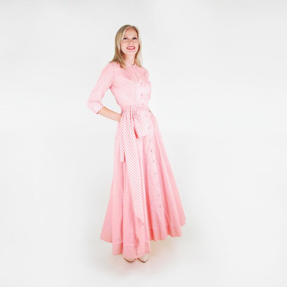 50s Pink Gingham Long Hostess Dress with Sash XS … - image 1