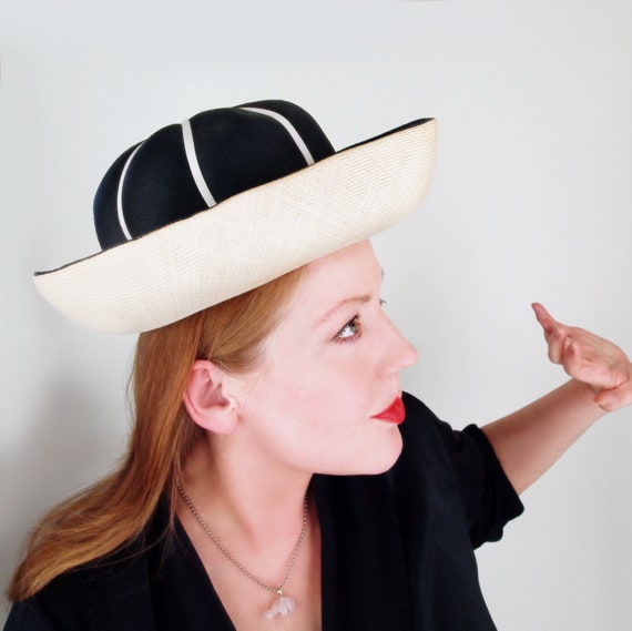 60s Black & Tan Natural Straw Breton Hat - Anita … - image 4