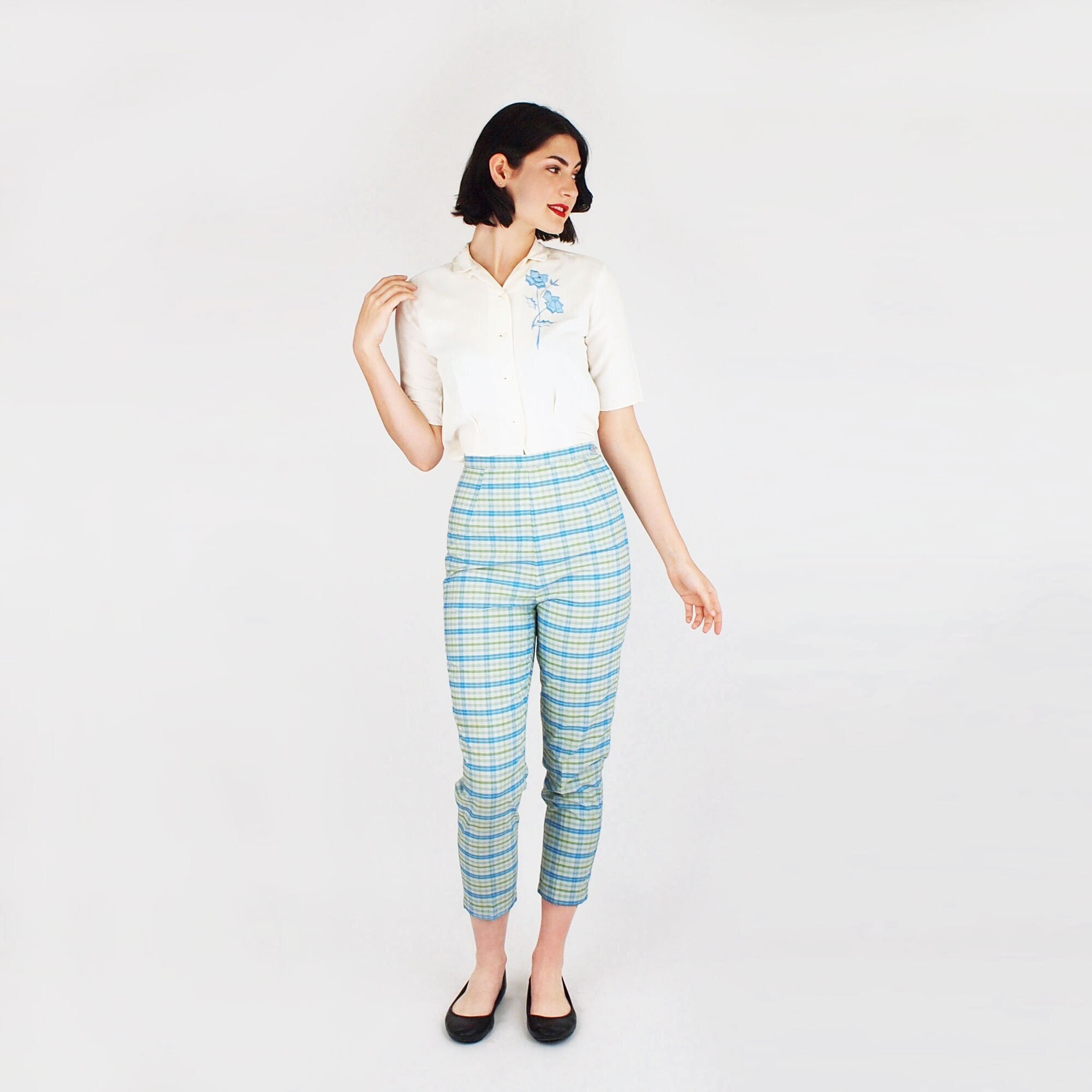 50s 60s Capri Pants Light Blue Green Plaid • High Waist, Tapered Cropped  Legs • VFG