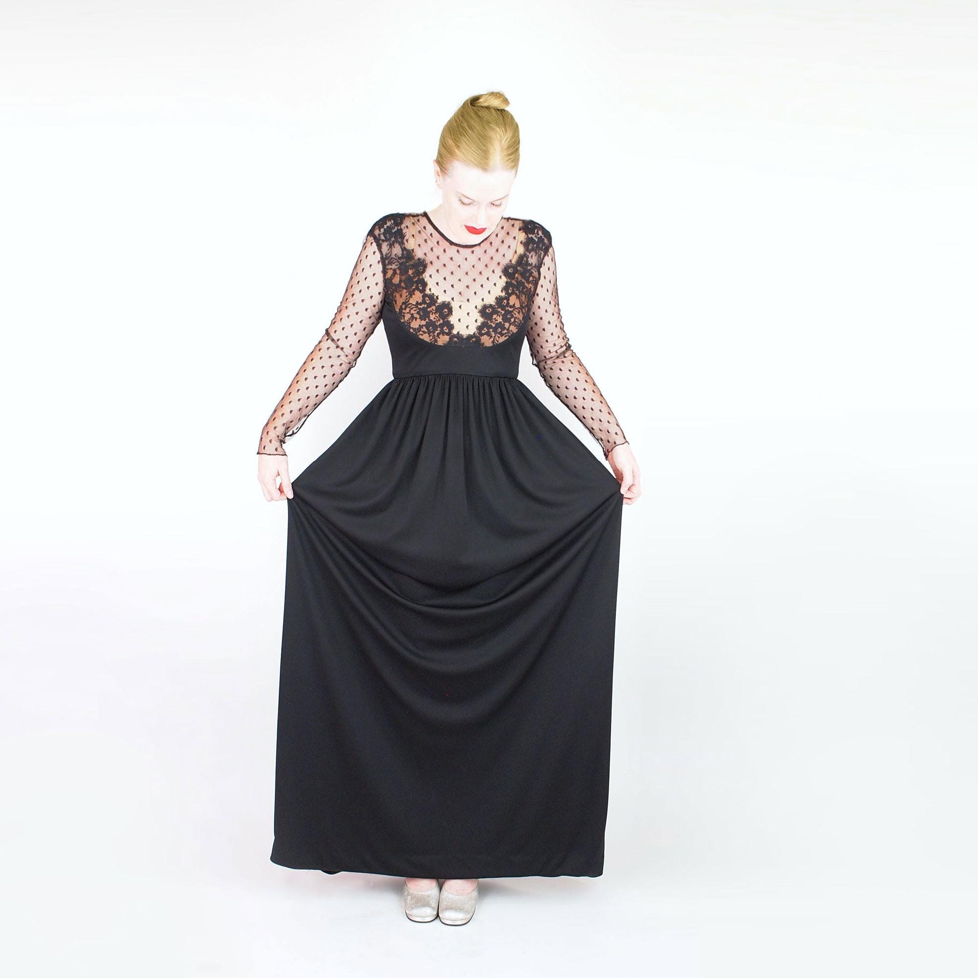 1970s Victor Costa Black Jersey Gown With Sheer Point D’esprit & Lace ...