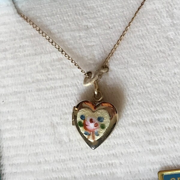Vintage Baby Heart Locket, 14 Kt. Gold Heart Locket/ Necklace, Cloisonné Heart Locket