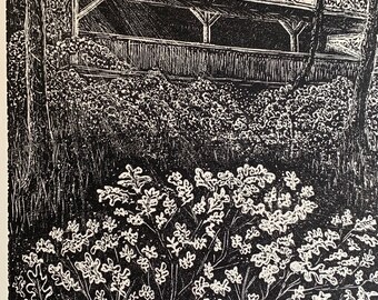 Hidden cabin in the woods John Muir poem wood engraving sunshine forest