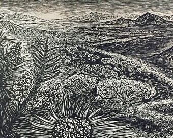 Not Too Far To Walk Original Wood Engraving Print Hiker Traveler Southwest Landscape