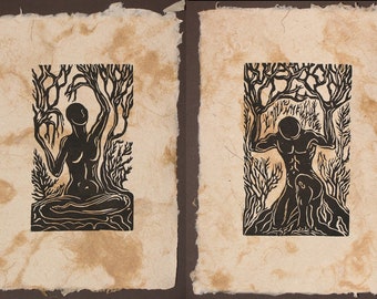 Matched Set of 2 Earth Nature Nordic Gods Woodcut Prints on Fiber Handmade Paper