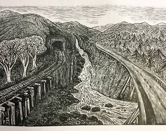 Crossing Paths Original Wood Engraving Road River Railroad Travelers Landscape