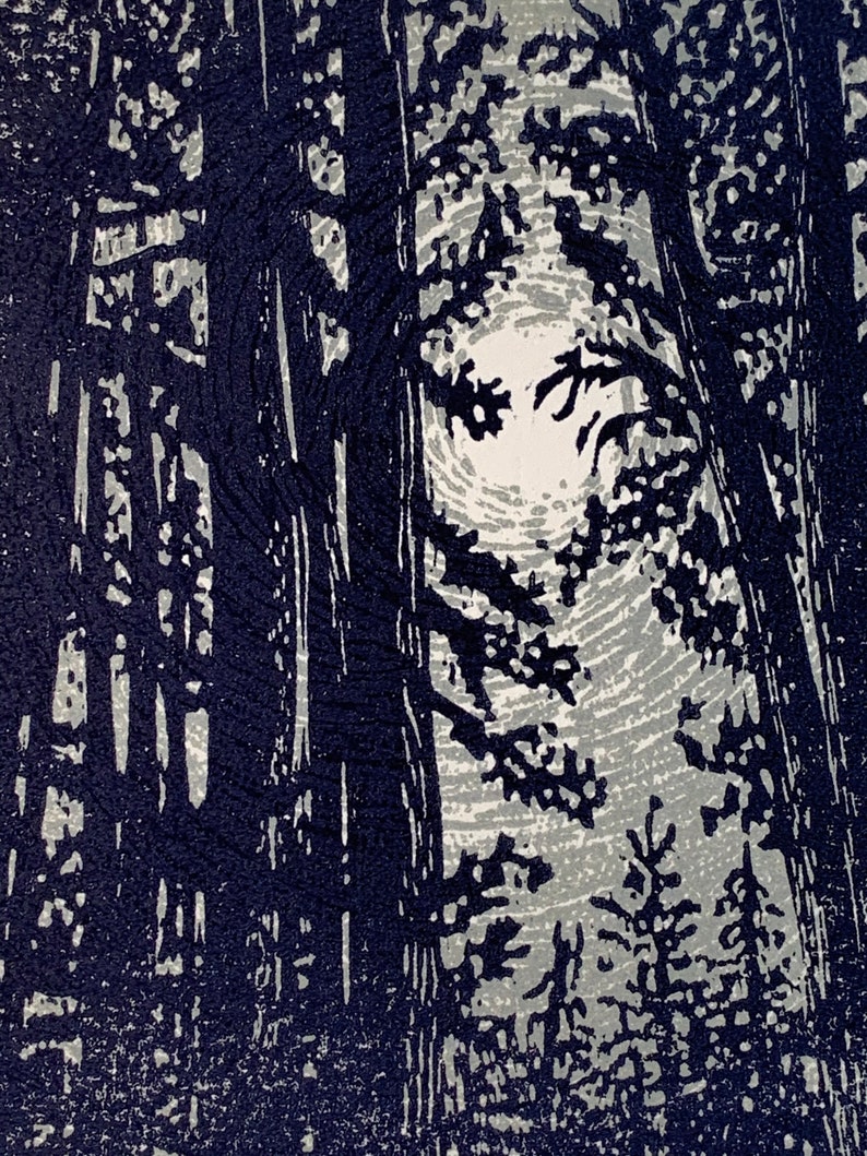 Original Woodcut Print Night Pine Trees Silver Moon Light All is Calm image 2