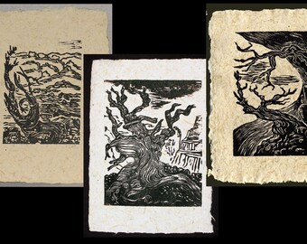 SET 3 Original Woodcut Prints Ancient Bristlecone Pines Handmade Paper Woodblock Landscape