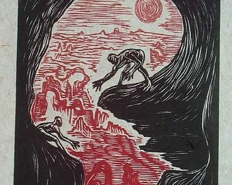 Original Woodcut Print Color Dreamcatchers Surreal Figures Landscape Red Sunset