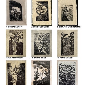 Choose your SET 1-9 Original Woodcut Prints Trees National Park Canyon Hiker Landscapes image 2