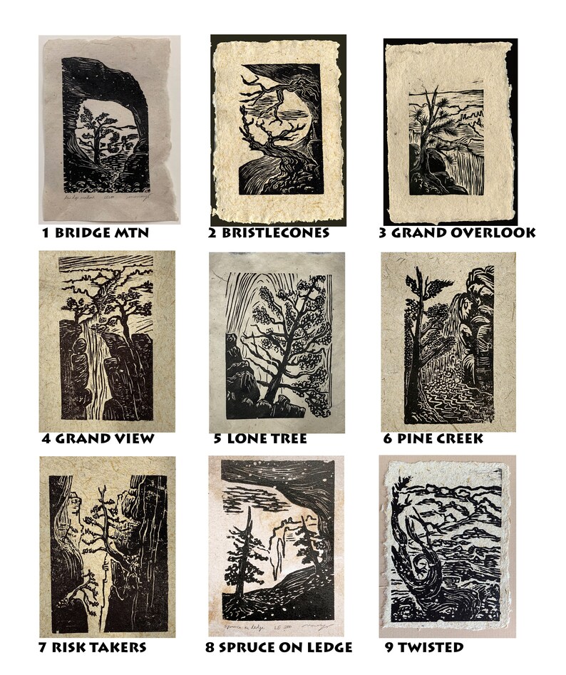 Choose your SET 1-9 Original Woodcut Prints Trees National Park Canyon Hiker Landscapes image 2