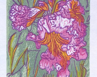 Original woodblock print pink purple green Mojave Willow flower blooms