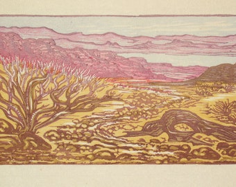 Color Woodblock Print Valley of Fire I Southwest Desert Lake Landscape