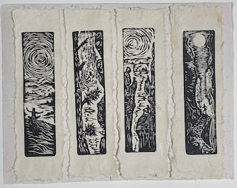 Hikers SET 4 Original Woodcut Prints Day in Beautiful Nature Mounted Collection