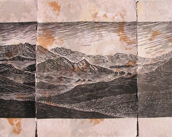 Original Print Desert Landscape Walk With Me Southwest Woodcut Triptych HM paper