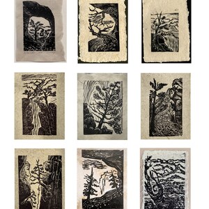 Choose your SET 1-9 Original Woodcut Prints Trees National Park Canyon Hiker Landscapes image 1