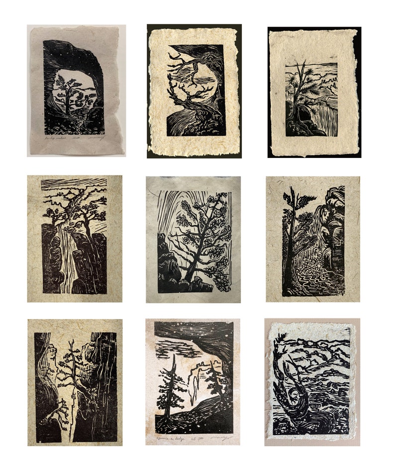 Choose your SET 1-9 Original Woodcut Prints Trees National Park Canyon Hiker Landscapes image 1