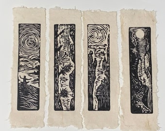 Hikers Choose SET 1-4 Original Woodcut Prints Day in Beautiful Nature Collection