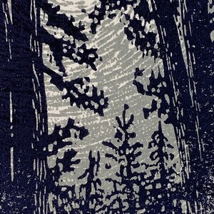 Original Woodcut Print Night Pine Trees Silver Moon Light All is Calm image 6