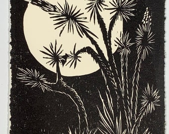 Moon Joshua Tree Night Desert Landscape Classic Original Woodcut