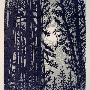 Original Woodcut Print Night Pine Trees Silver Moon Light All is Calm image 1