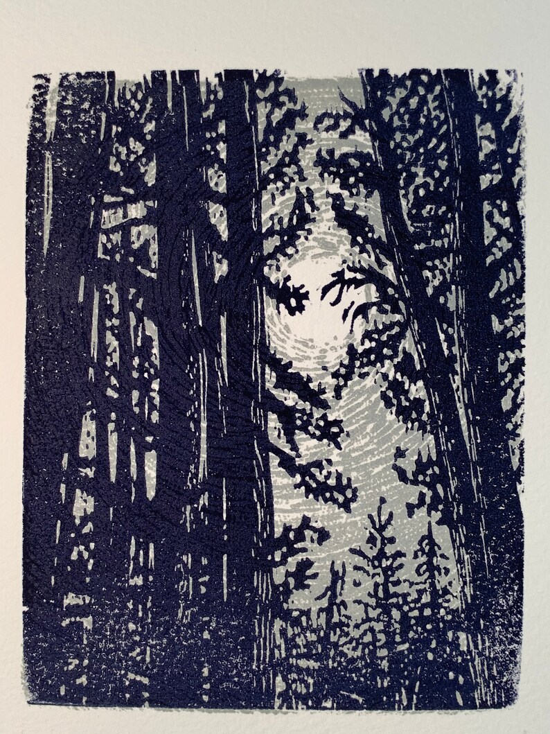 Original Woodcut Print Night Pine Trees Silver Moon Light All is Calm image 1