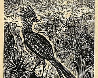 Desert Rooster Wood Engraving Southwest Road Runner Desert Canyon Landscape