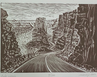 Original Wood Engraving Crossing Lake Powell Southwest Colorado River Road