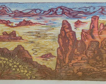 Original Art Color Japanese Woodblock Print Valley of Fire II Southwest Desert Landscape