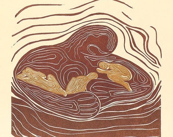 Original Woodcut Print Lullaby Mother Earth Hugging Sleeping Golden Children Woodblock Art