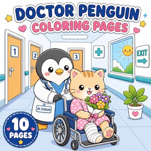 Dokter pinguïn Kleurplaten Schattige chibi Dierenziekenhuis Scènes Afdrukbaar kleurboek voor volwassenen Easy Kids Fun Ontspannend Medisch cadeau (10 pagina's)