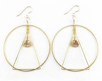 Brass Hoop & Triangle With Czech Glass Beads Hoop Earrings - Dangle - Tigers Eye - Light - Dainty - Spring Fashion -Geometric - A+ Gift!