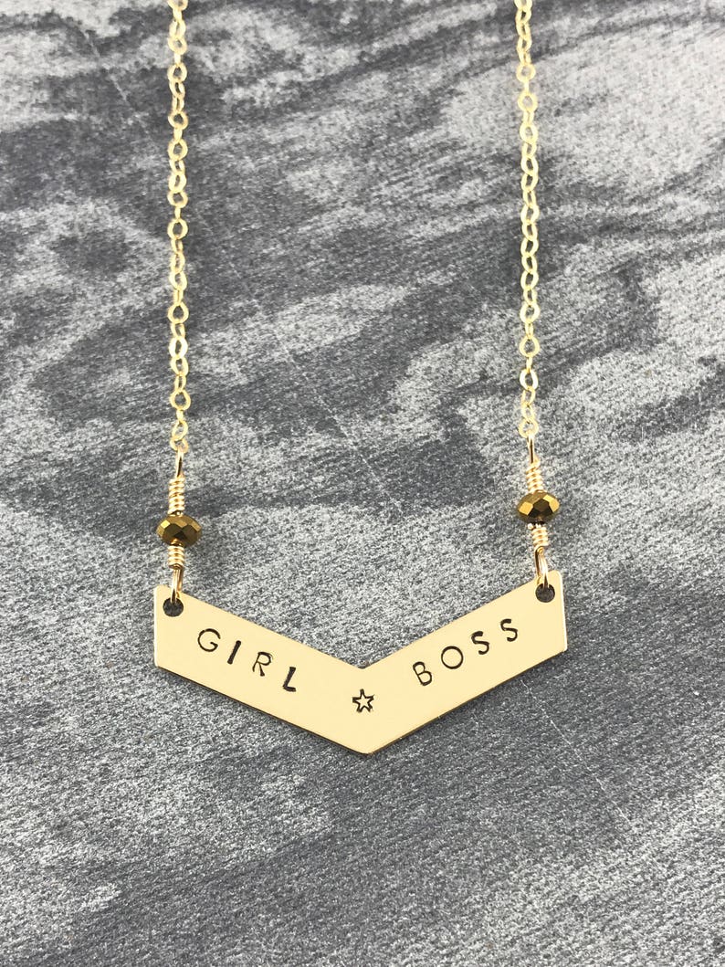 Girl Boss Hand Stamped Chevron Necklace Truly Handmade Great Gift Brass 14k Gold Filled Girl Power Feminist Bar Necklace image 1